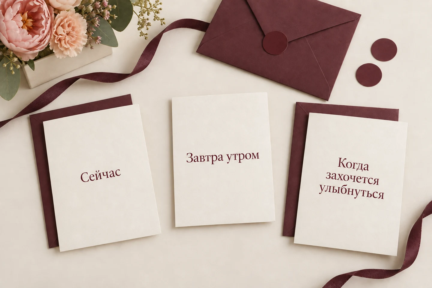 AI-референс: три личные карточки «Сейчас», «Завтра утром», «Когда захочется улыбнуться», винные конверты и винные наклейки